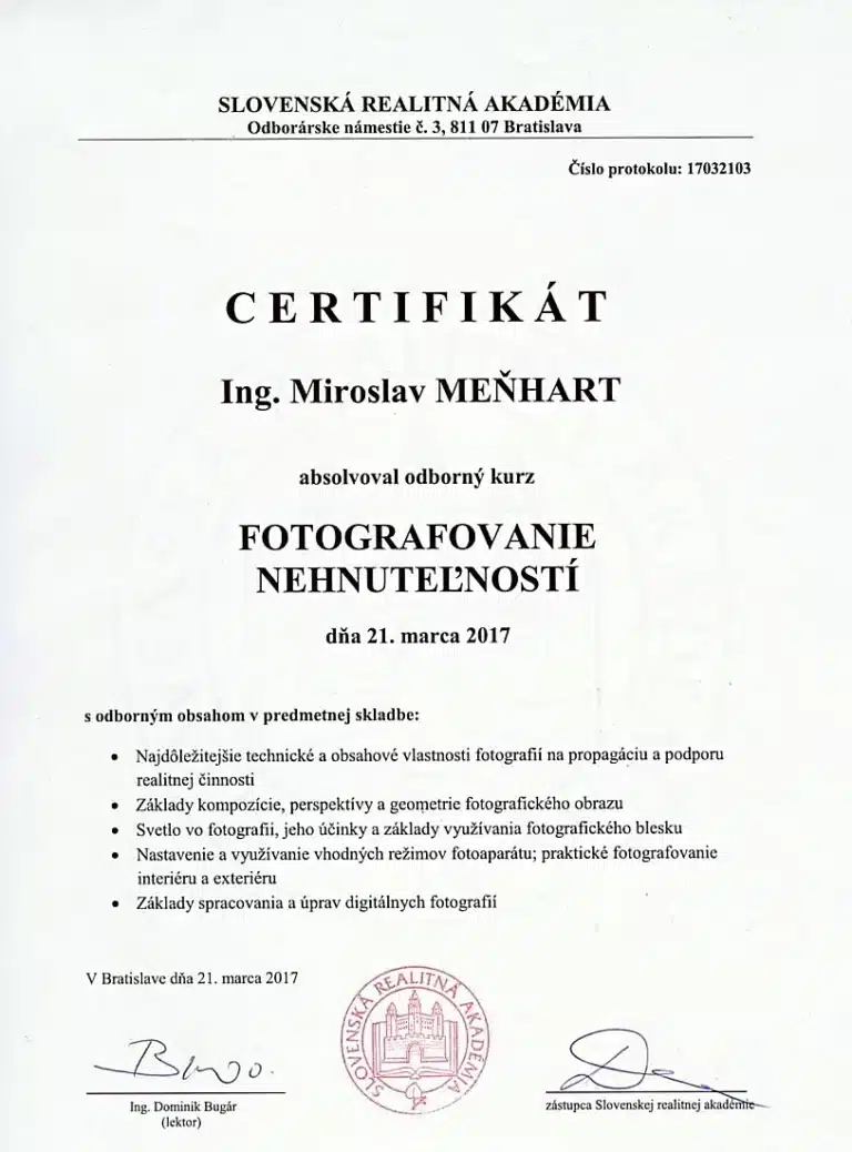 Certifikát Fotografovanie nehnuteľností - Miroslav Meňhart