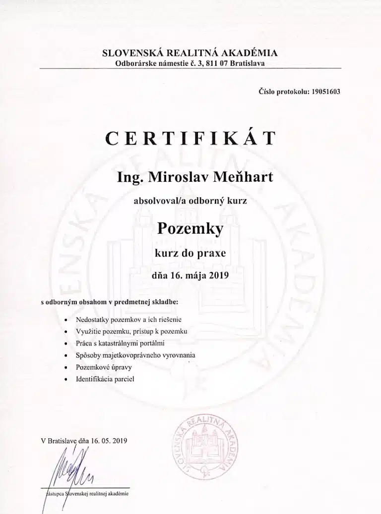 Certifikát Pozemky - Miroslav Meňhart
