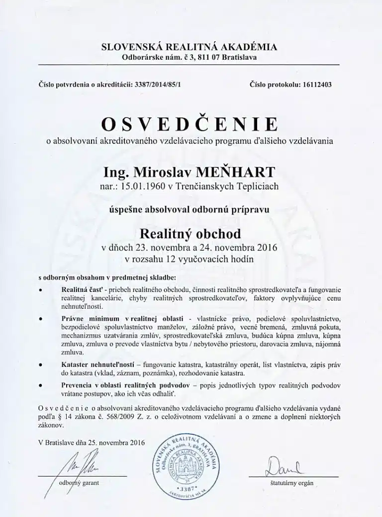Certifikát Realitný obchod - Miroslav Meňhart