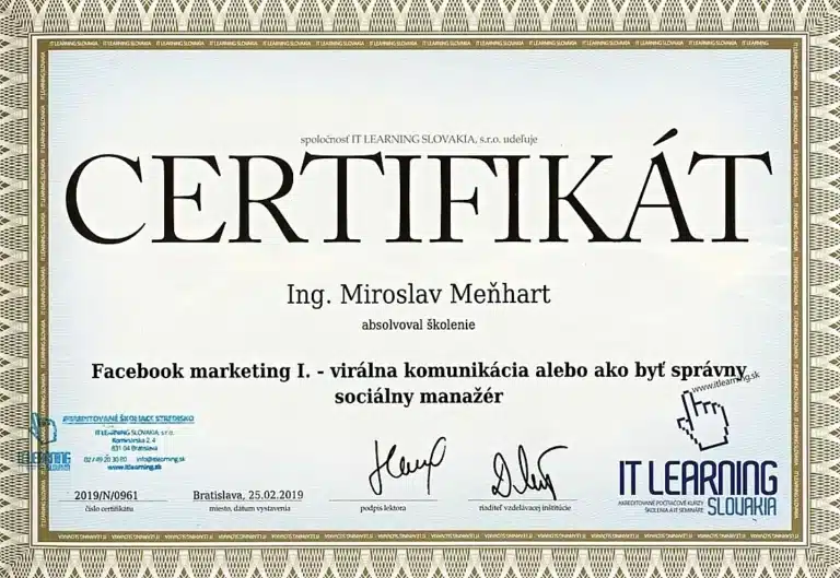 Certifikát Facebooková reklama - Miroslav Meňhart